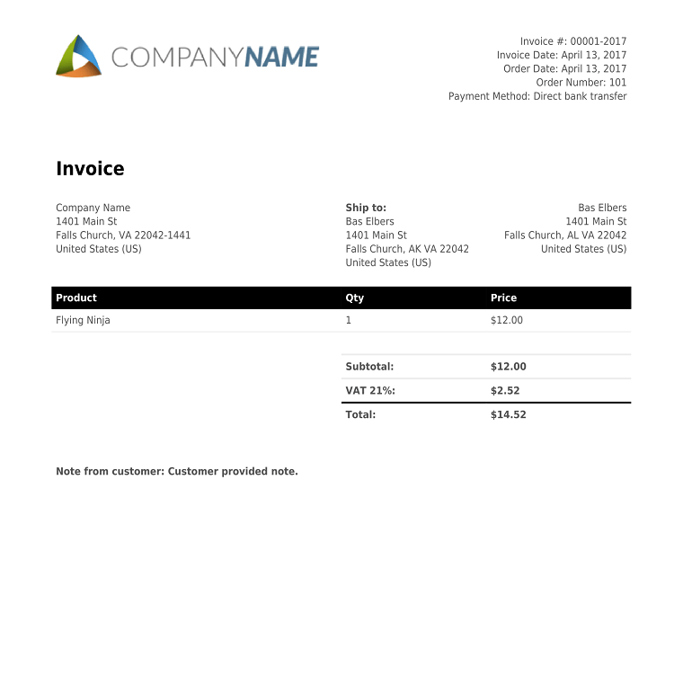 Sample of invoice created using WooCommerce PDF Invoice plugin
