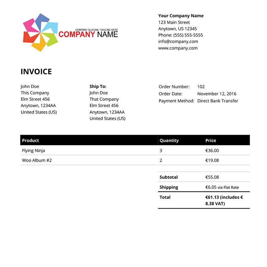 Sample of invoice created using WooCommerce PDF Invoices & packing slips