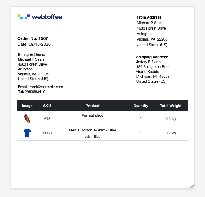 Sample of packing slip created using WooCommerce PDF Invoices, Packing Slips, Delivery Notes & Shipping Labels