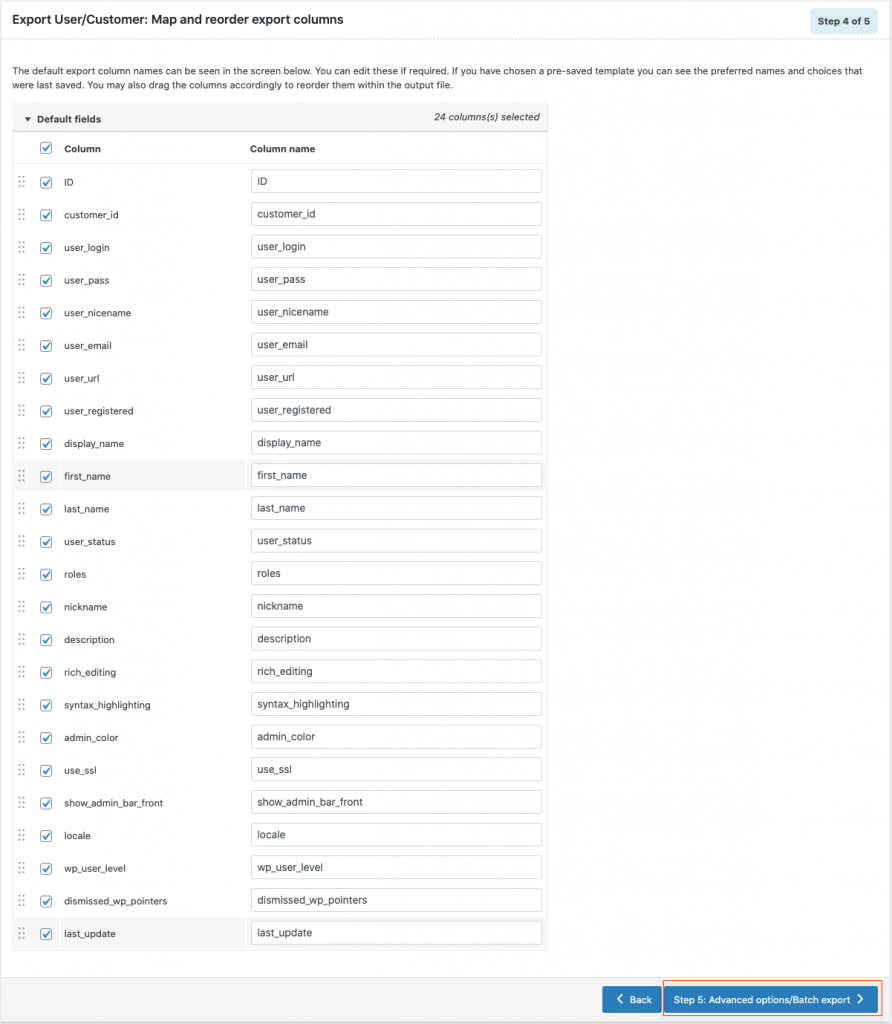 user export mapping columns 