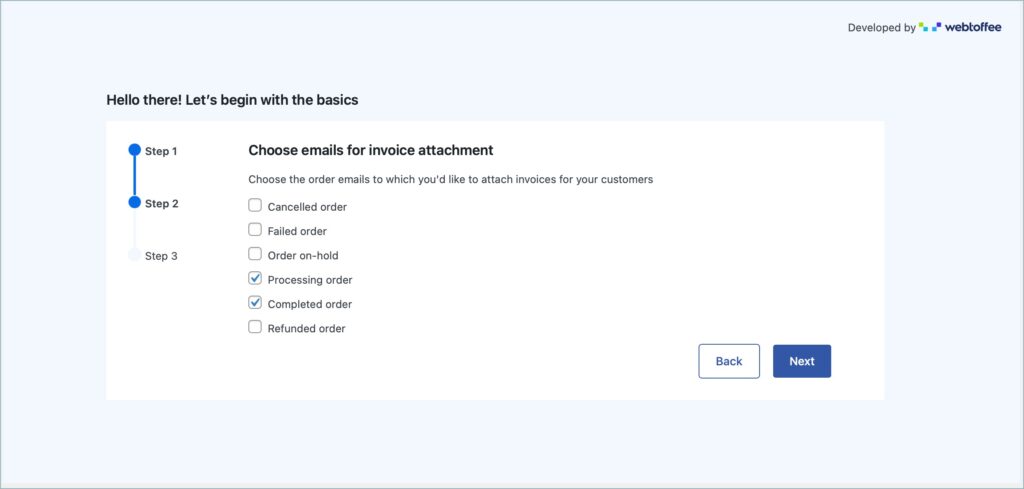 Select email types for invoice attachment - Setup wizard