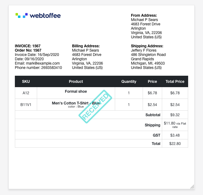Invoice created using WooCommerce PDF Invoices, Packing Slips, Delivery Notes & Shipping Labels plugin