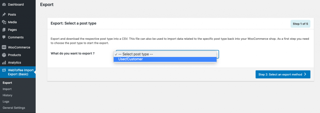 Select post type - User Import Export