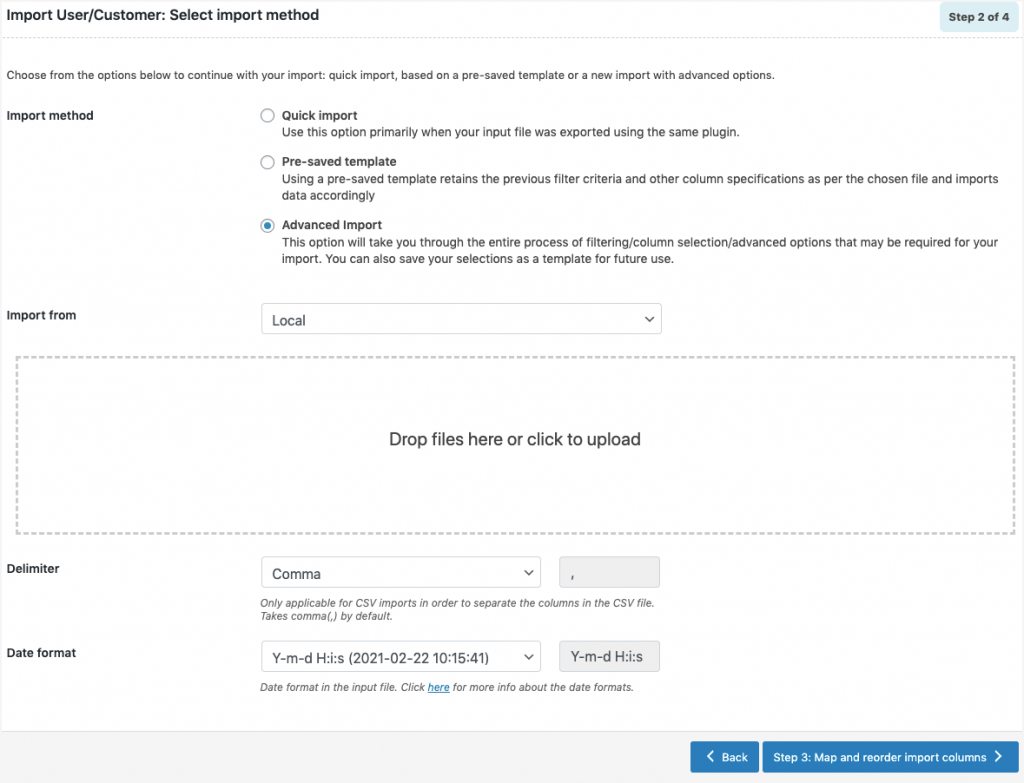 Advanced Import Method in the User Import Export plugin for WooCommerce