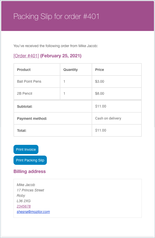 WooCommerce packing slip in email