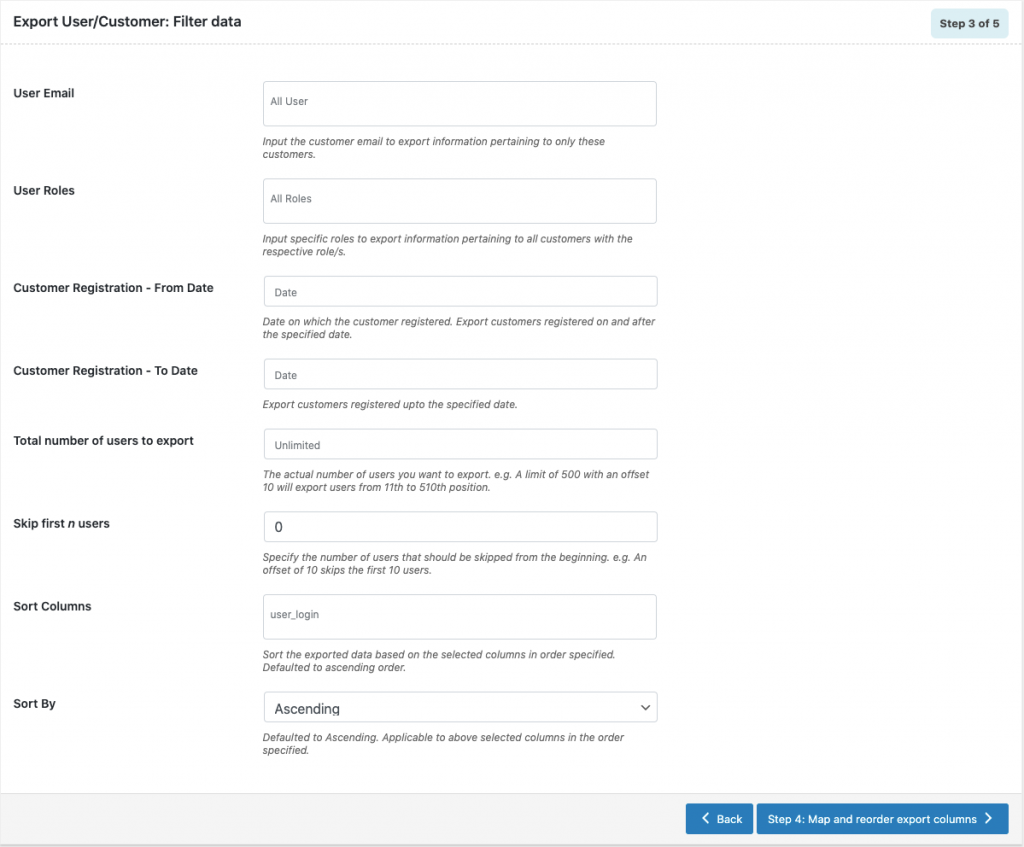 Filter data - User Import Export Plugin