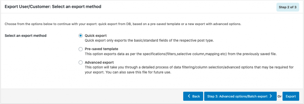 Quick export - Export method
