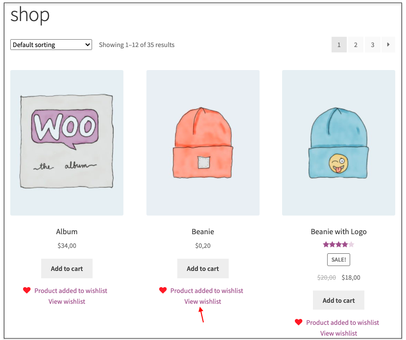 Wishlist for WooCommerce - shop page