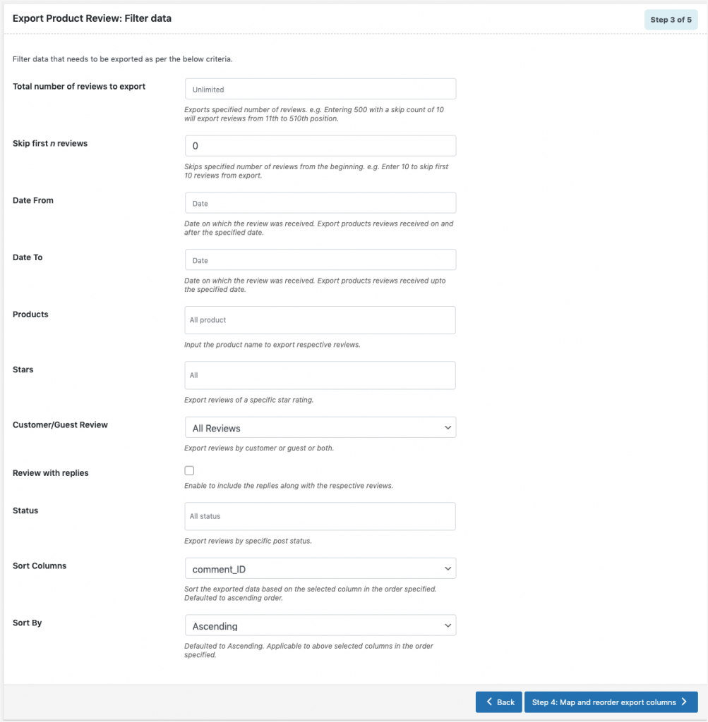 Filter data during export of product reviews