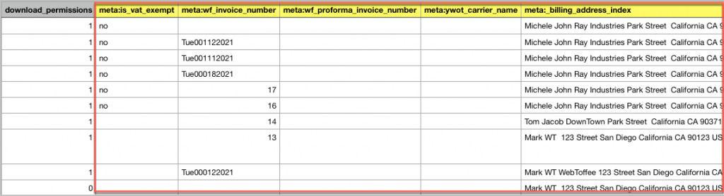 Sample of exported additional order metadata in CSV format