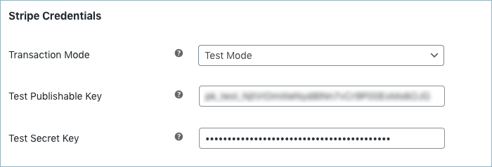 Fields within the plugin to enter the copied stripe credentials