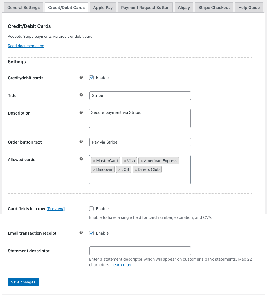 Credit/debit card settings page within the plugin
