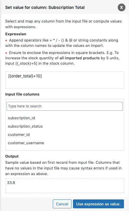 Evaluation field in the Import export plugin for WooCommerce