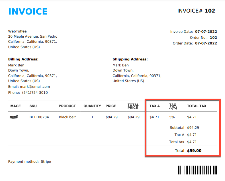 sample invoice generated with the template