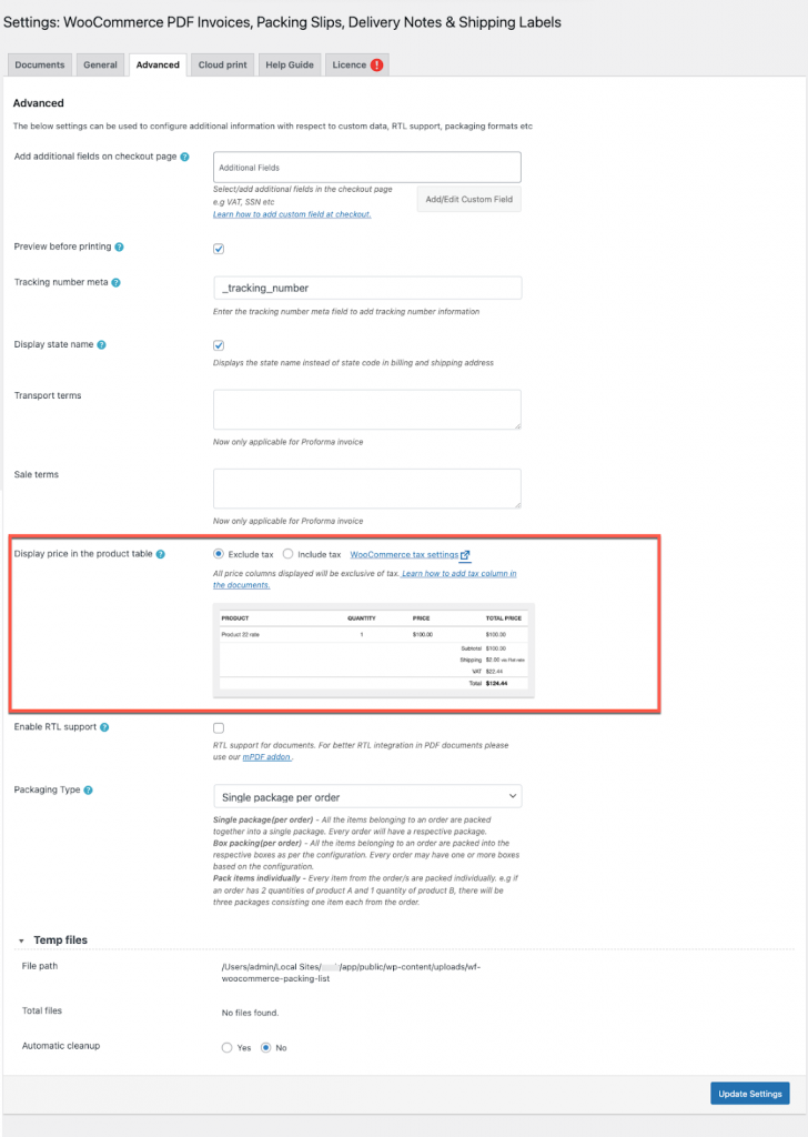 Set up WooCommece PDF invoice settings 
