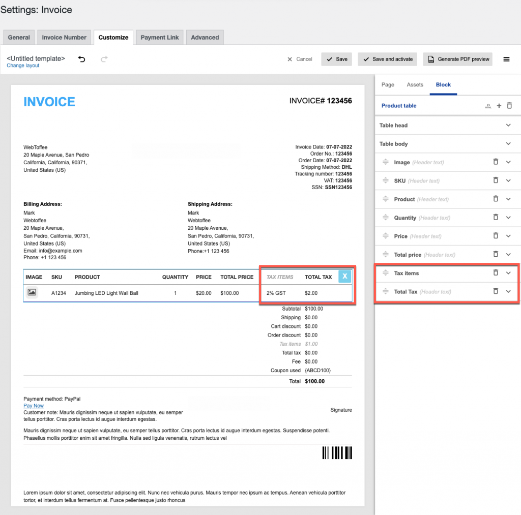 invoice customization and preview pane