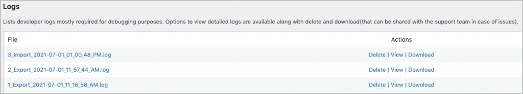 Logs section in WordPress Backup &  Migration Pro plugin