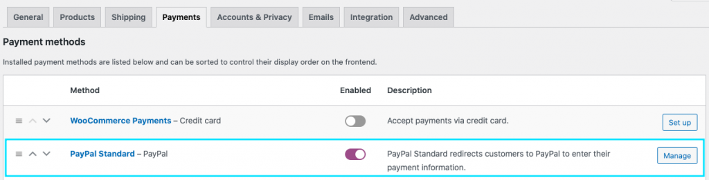 Payment settings page in WooCommerce