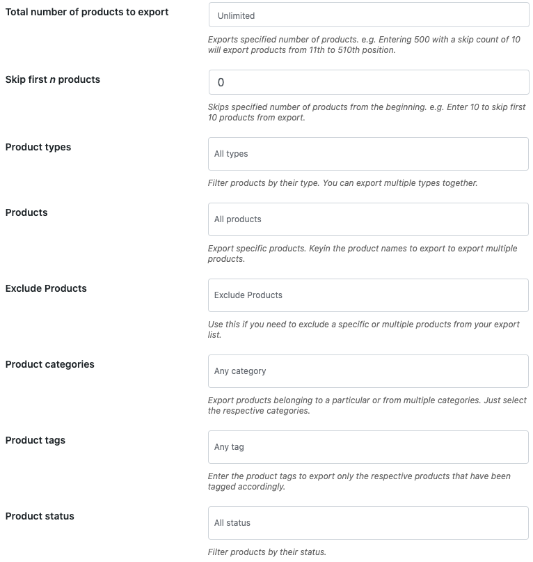 Product export filters for selectively exporting products