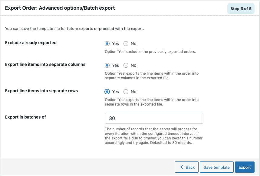 Advanced export options during export in the basic version of the import export plugin for WooCommerce