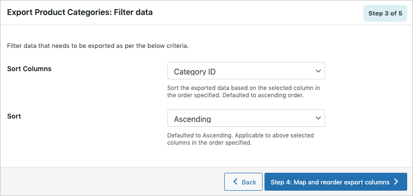 Filtering data during export of product categories