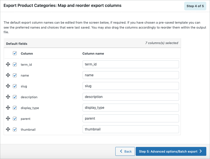 Mapping export columns during export of product categories
