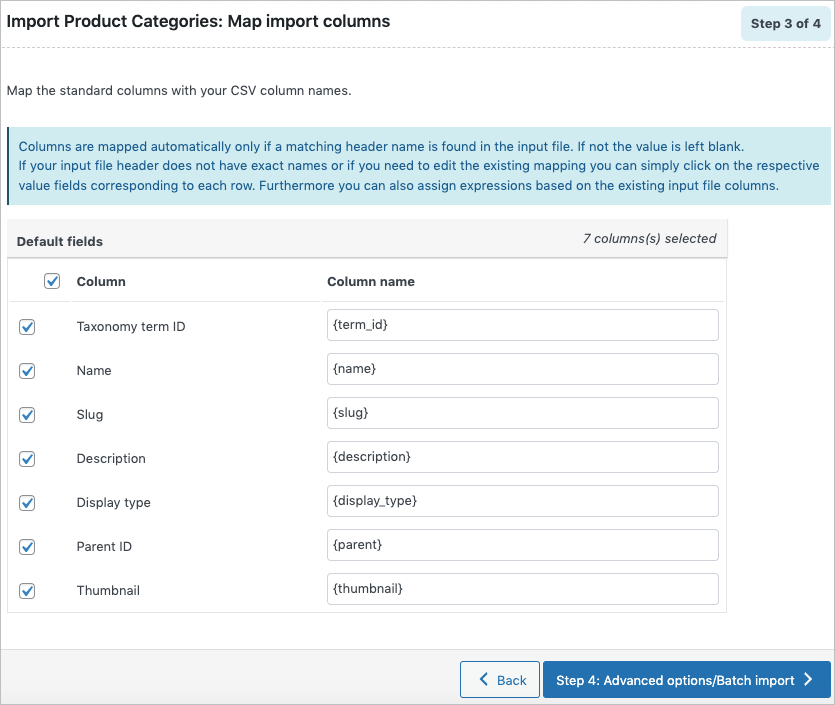 Mapping import columns during import of product categories