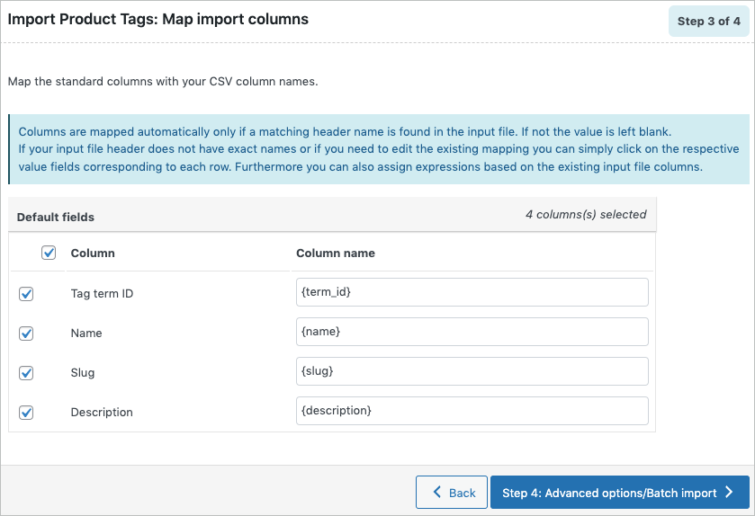 Mapping import columns on Importing WooCommerce product tags