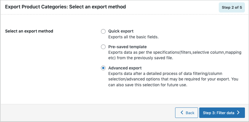 Selecting export method during export of product categories