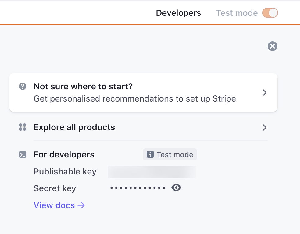 Enable Test mode in Stripe dashboard