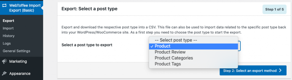 Choose product post type to export products