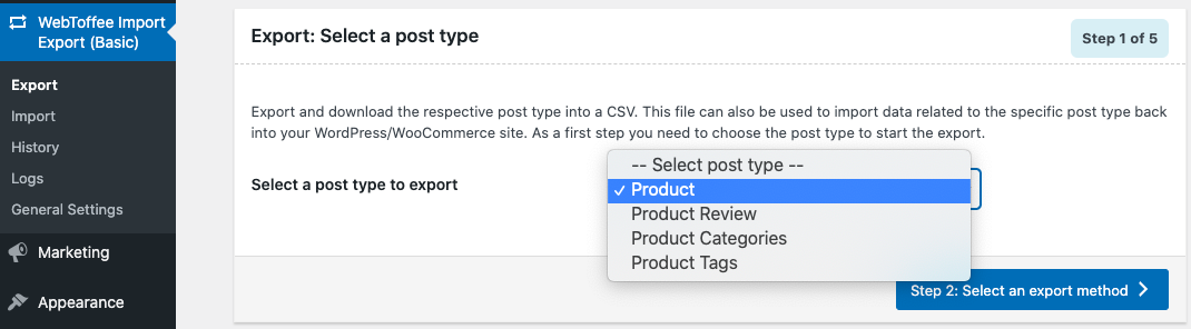 Select product as the post type to export