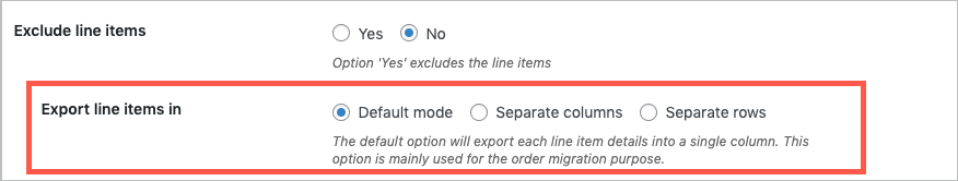 Exporting line items in default mode