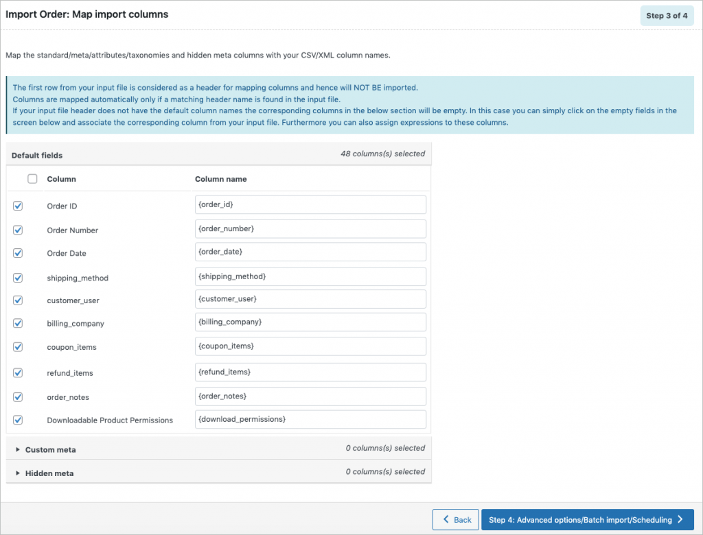 Mapping the import columns in the import export plugin for WooCommerce