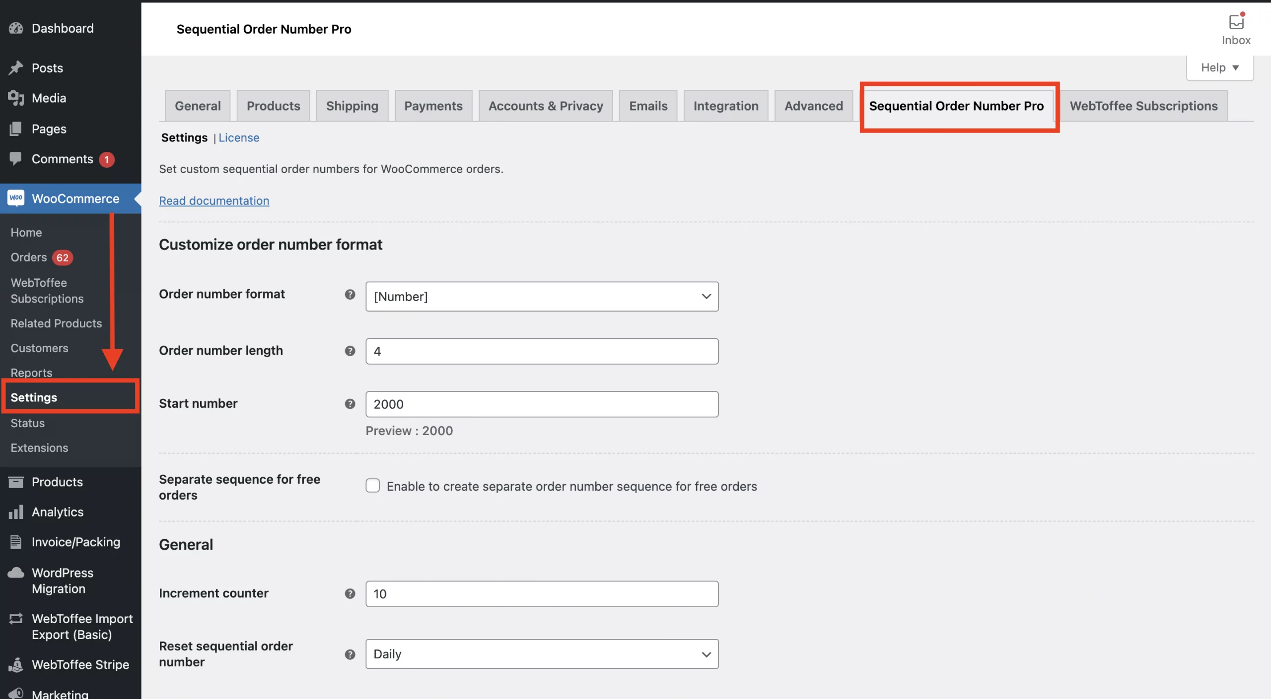 Setting up screen for Sequential Order Numbers for WooCommerce (premium plugin)