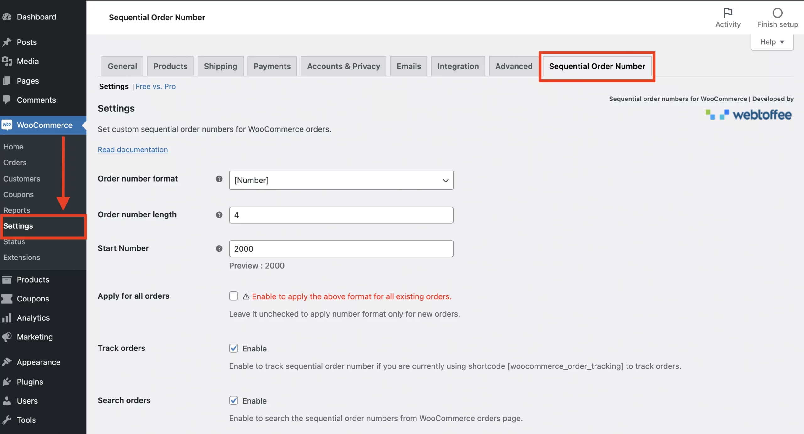 Set up screen for WooCommerce Order Number for WooCommerce (free plugin)