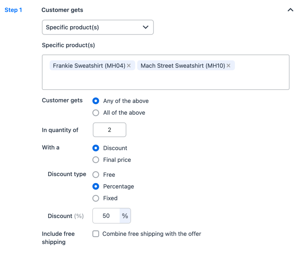 WooCommerce BOGO - customers can select any one product in the quantity of 2 with a 50% discount.