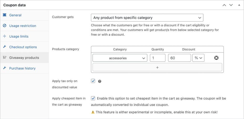 configure WooCommerce BOGO as a product from specific category