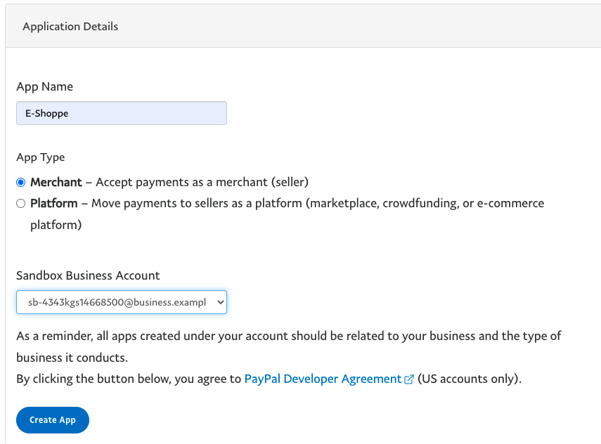 Creating App as Merchant type to accept payments as merchant