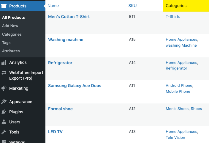 View of product categories updated in bulk