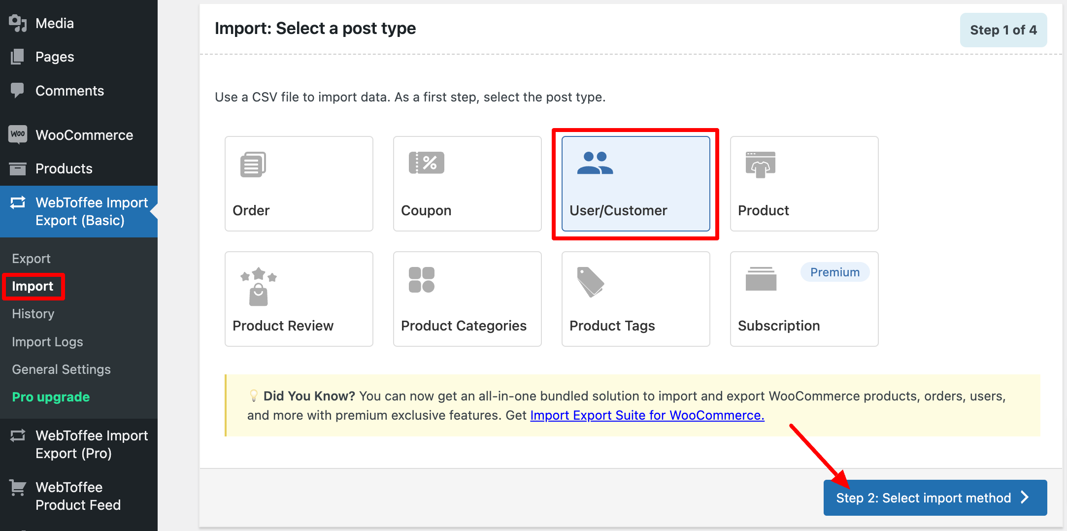 select user post type for import