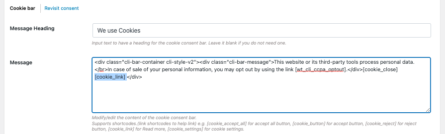 Linking cookie policy on cookie banner