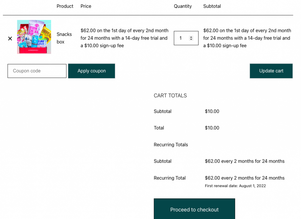 Subscription product in the cart page