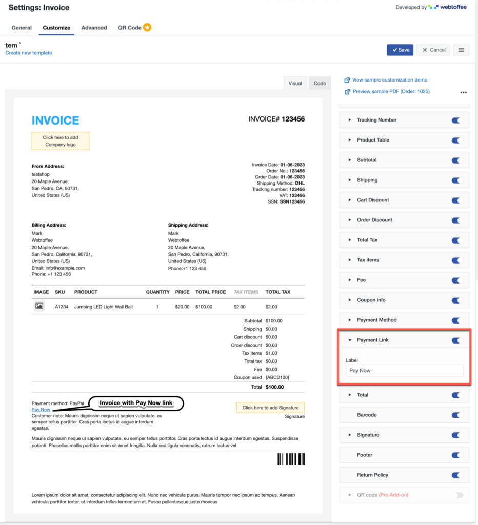 Customizing the pay now link in WooCommerce invoices