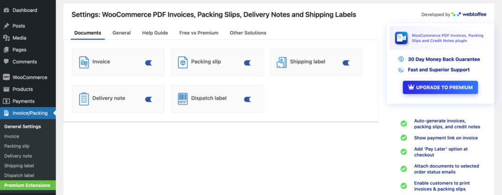 Enabling WooCommerce invoices and packing slips