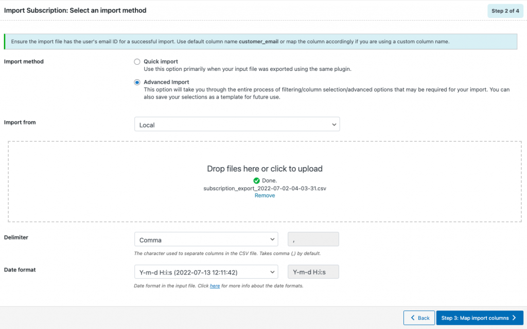 Import Subscription Orders Step 2 : Select an import method