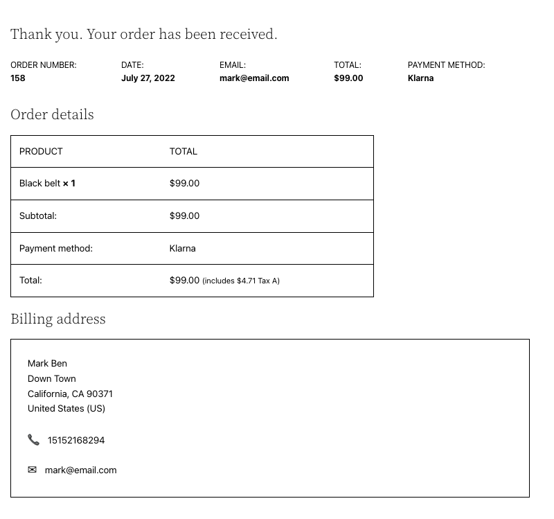 Order placed using Klarna Payment