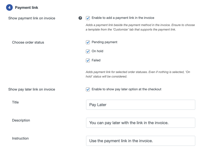 Payment link settings for WooCommerce PDF invoices