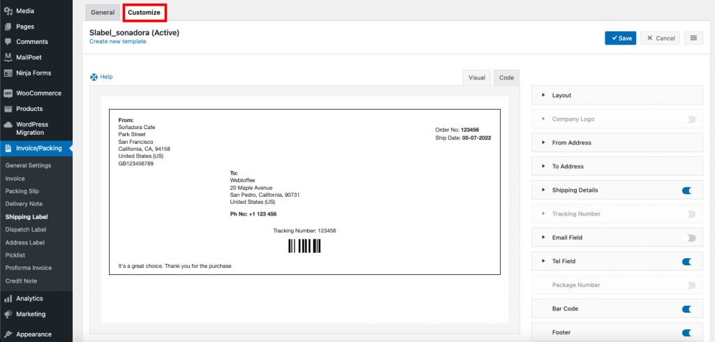 Customize tab of Shipping label