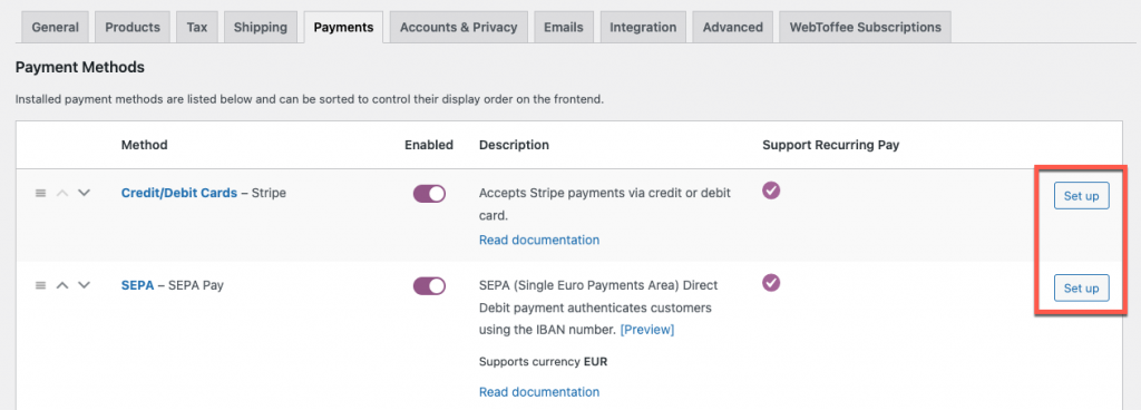 Set up the payment methods that supports recurring payments